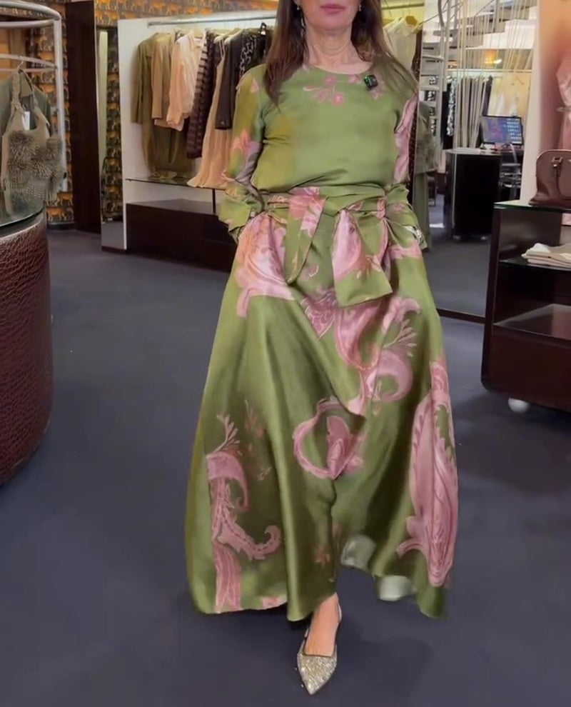 Olive Satin Tie-Waist Maxi Dress