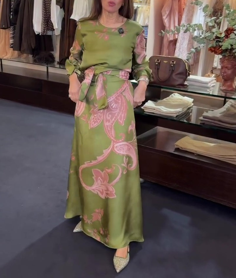 Olive Satin Tie-Waist Maxi Dress