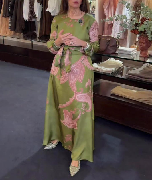 Olive Satin Tie-Waist Maxi Dress